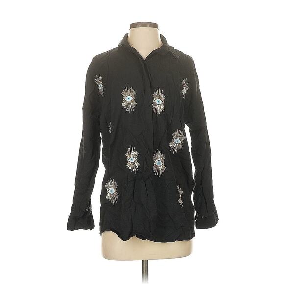 Crep Evil Eye Sequin Embroidered Black Collared Button Down S - Picture 1 of 4